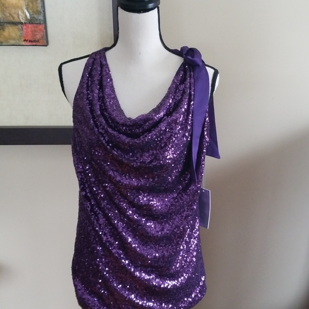 Jennifer Lopez Purple Sequin Draped Halter Tank with Shoulder Tie